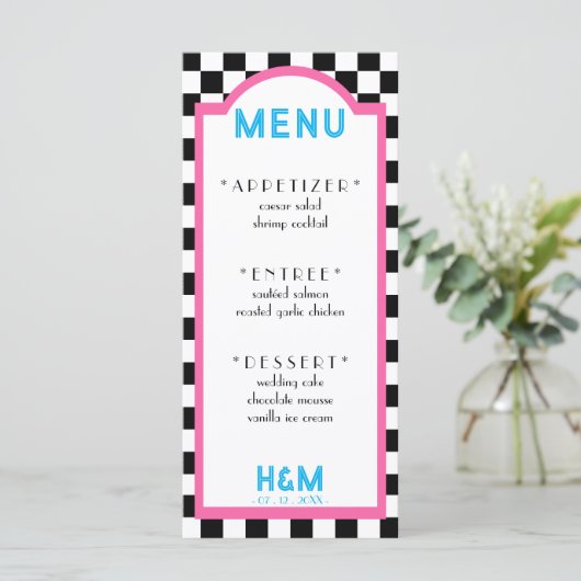 Retro Diner Checkerboard Rosa Hochzeitsempfang Menükarte (Stehend Vorderseite)
