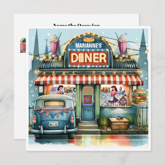 RETRO DINER FIFTIES EINLADUNG (Vorne/Hinten)