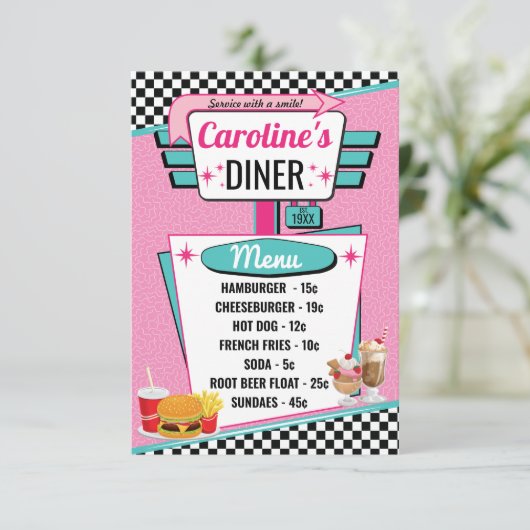 Retro Diner Pink & Aquamarin Menu Card der 50er Ja Einladung (Stehend Vorderseite)