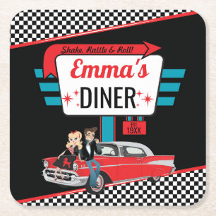 Retro-Diner Schwarz/Rot Geburtstagsfeier 1950er Rechteckiger Pappuntersetzer