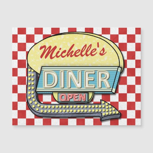 Retro Diner Sign 50er Red Checked Personalisiert Magnetkarte (Vorderseite)