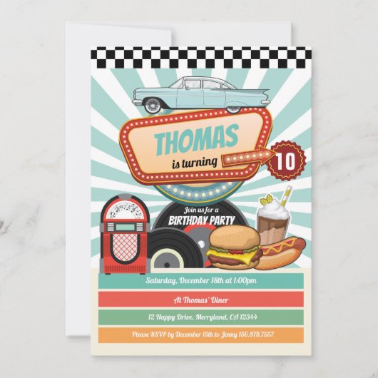 Retro Diner Vintager Hamburger Milchshake Einladung (Vorderseite)