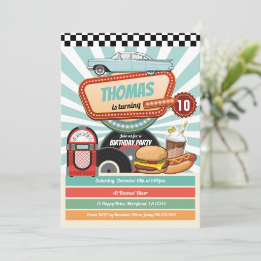 Retro Diner Vintager Hamburger Milchshake Einladung (Stehend Vorderseite)