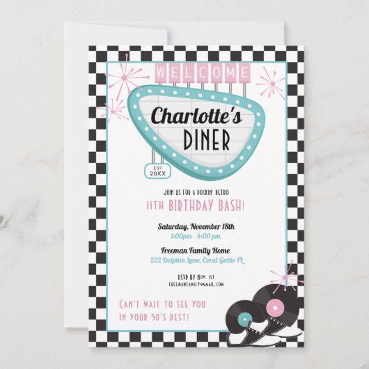 Retro Diner zum Geburtstag - Einladung - Sockerhut (Vorderseite)