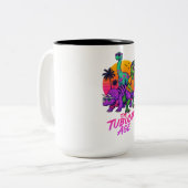 Retro Dinosaur Party in Neon Sunset Zweifarbige Tasse (Vorderseite Links)