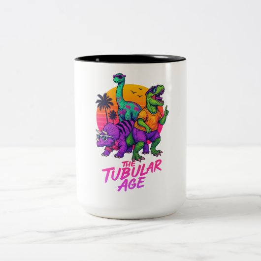 Retro Dinosaur Party in Neon Sunset Zweifarbige Tasse (Mittel)