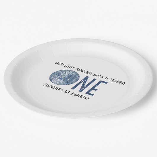 Retro Disco Ball First Birthday Party Pappteller (Schrägansicht)