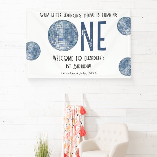 Retro Disco Ball First Year 1st Birthday Party Banner (InSitu)