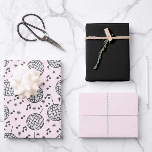 Retro Disco Ball Pink & Black Musical Wrapping Geschenkpapier Set (Vorderseite)