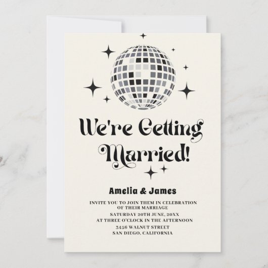 Retro Disco Ball Schwarz-weiß QR Code Hochzeit Einladung (Vorderseite)