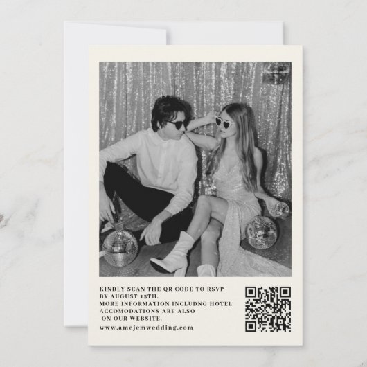 Retro Disco Ball Schwarz-weiß QR Code Hochzeit Einladung (Rückseite)