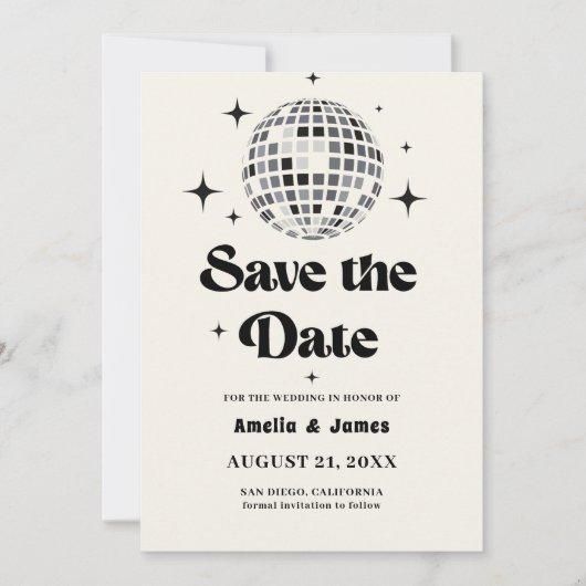 Retro Disco Ball Schwarz-weiß Save the Date Hochze Einladung (Vorderseite)