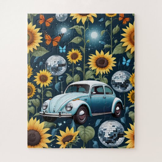 Retro Disco Balls Sonnenblumen und Hippie Bug Car Puzzle (Vertikal)