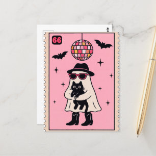 Retro Disco Ghost mit Black Cat Halloween Briefmar Postkarte
