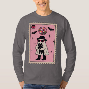 Retro Disco Ghost mit Black Cat Halloween Briefmar T-Shirt