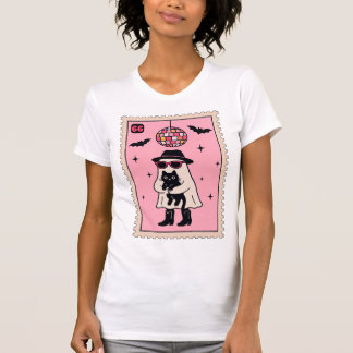 Retro Disco Ghost mit Black Cat Halloween Briefmar T-Shirt