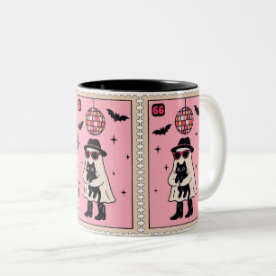 Retro Disco Ghost mit Black Cat Halloween Briefmar Zweifarbige Tasse