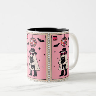 Retro Disco Ghost mit Black Cat Halloween Briefmar Zweifarbige Tasse