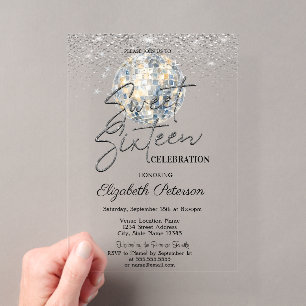 Retro Disco-Kugel Blaue Streifen Sweet 16 Acryleinladungen