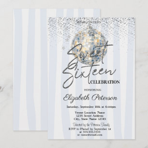 Retro Disco-Kugel Blaue Streifen Sweet 16 Einladung