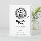 Retro Disco-Kugel Save The Date Schwarz Weiß Einladung (Stehend Vorderseite)