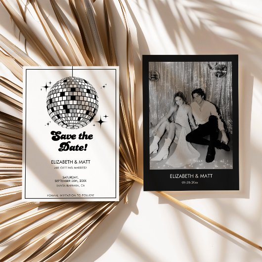 Retro Disco-Kugel Save The Date Schwarz Weiß Einladung