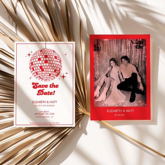 Retro Disco-Kugel Termin retten Rot Einladung