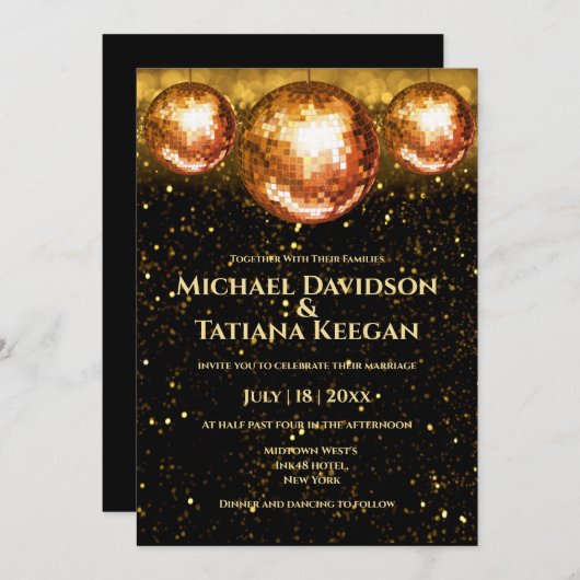 Retro-Disco-Kugeln Schwarz Gold Glitzer Hochzeit Einladung (Vorne/Hinten)