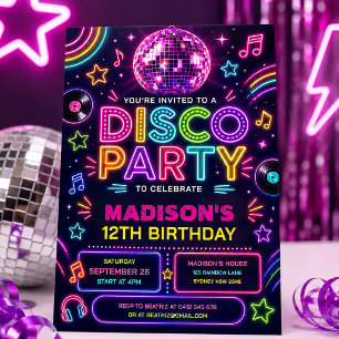 Retro-Disco-Party Neon-Glanz-Geburtstag Einladung