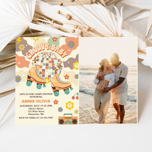 Retro Disco Roller Skate Baby Dusche Party Foto Einladung