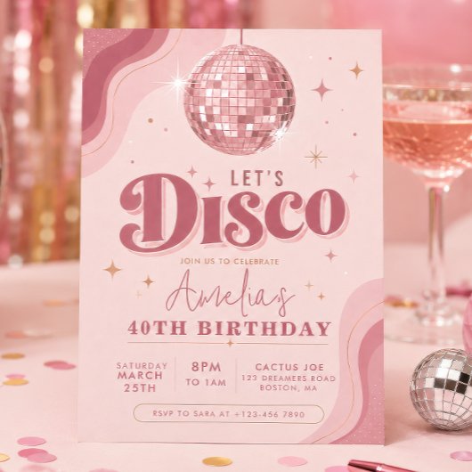 Retro-Disco-Roségold-Geburtstag Einladung