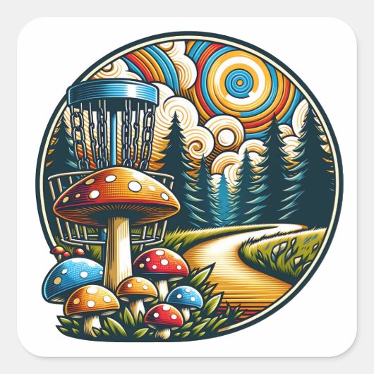 Retro Disk Golf Psychedelic Ai Art Quadratischer Aufkleber (Vorderseite)