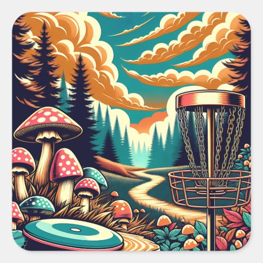Retro Disk Golf Psychedelic Art Quadratischer Aufkleber (Vorderseite)