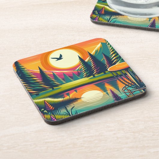 Retro Disk Golf Sunset and Trees Getränkeuntersetzer (Linke Seite)