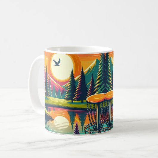 Retro Disk Golf Sunset and Trees Kaffeetasse (Vorderseite Links)