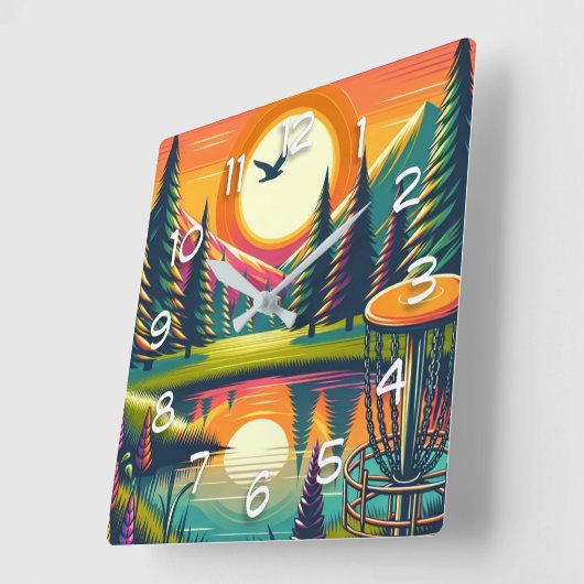 Retro Disk Golf Sunset and Trees Quadratische Wanduhr (Winkel)