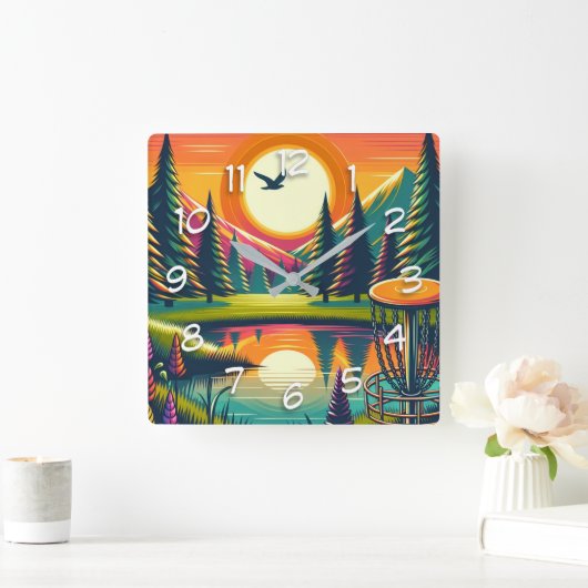 Retro Disk Golf Sunset and Trees Quadratische Wanduhr (Zuhause)