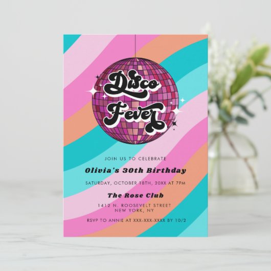 Retro-Diskothek Ball Rosa Geburtstag Einladung (Stehend Vorderseite)