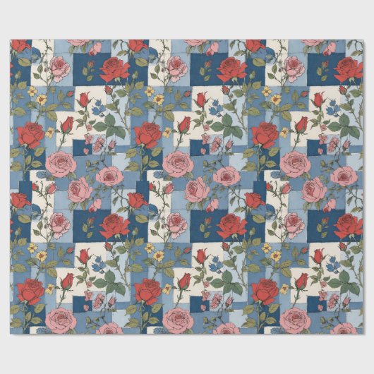 Retro Distressed Denim Patchwork und Rose floral Geschenkpapier (Flach)