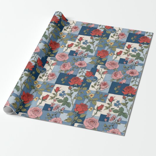 Retro Distressed Denim Patchwork und Rose floral Geschenkpapier (Ungerollt)