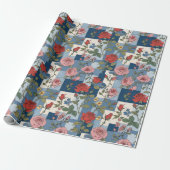 Retro-Distressed-Denim-Patchwork und Rosen Blumenm Geschenkpapier (Ungerollt)