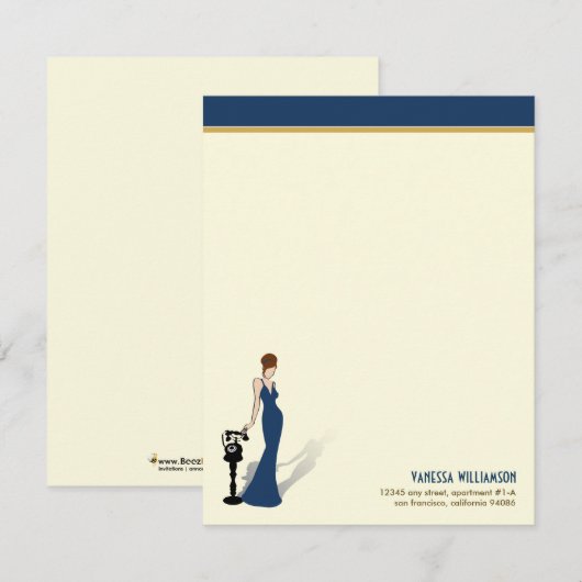 Retro Diva Custom Flat Mitteilungskarten (Marine) (Vorne/Hinten)