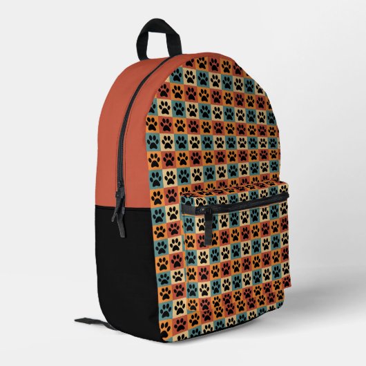 Retro Dog Paw Print Checkered Muster Bedruckter Rucksack (Rückseitige Ecke links)