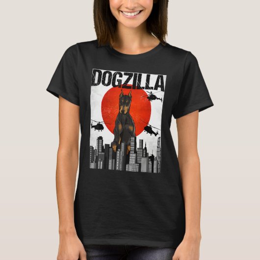 Retro Dogzilla Japanischer Dobermann T-Shirt (Vorderseite)