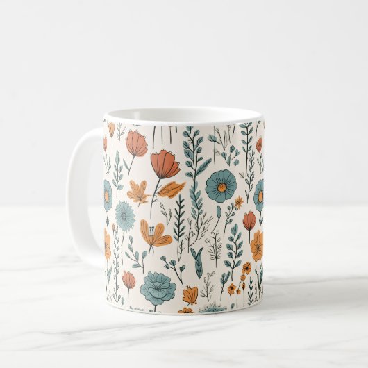 Retro Doodle Blume Botanische Blumenmuster Kaffeetasse (Vorderseite Links)