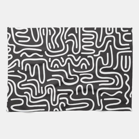 Retro Doodle Wavy Lines: Monochrom Geschirrtuch (Horizontal)