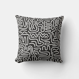 Retro Doodle Wavy Lines: Monochrom Kissen