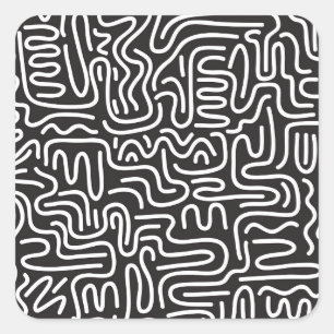 Retro Doodle Wavy Lines: Monochrom Quadratischer Aufkleber