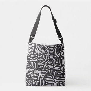 Retro Doodle Wavy Lines: Monochrom Tragetaschen Mit Langen Trägern