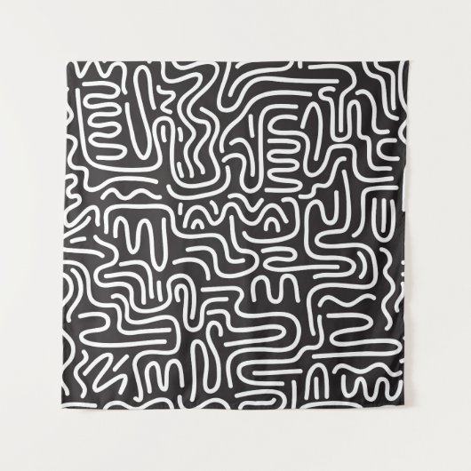 Retro Doodle Wavy Lines: Monochrom Wandteppich (Vorderseite)